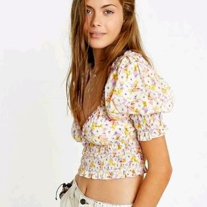 Urban Outfitter UO May Smocked Puff Sleeve Cropped Top Printed Ruffle Tie